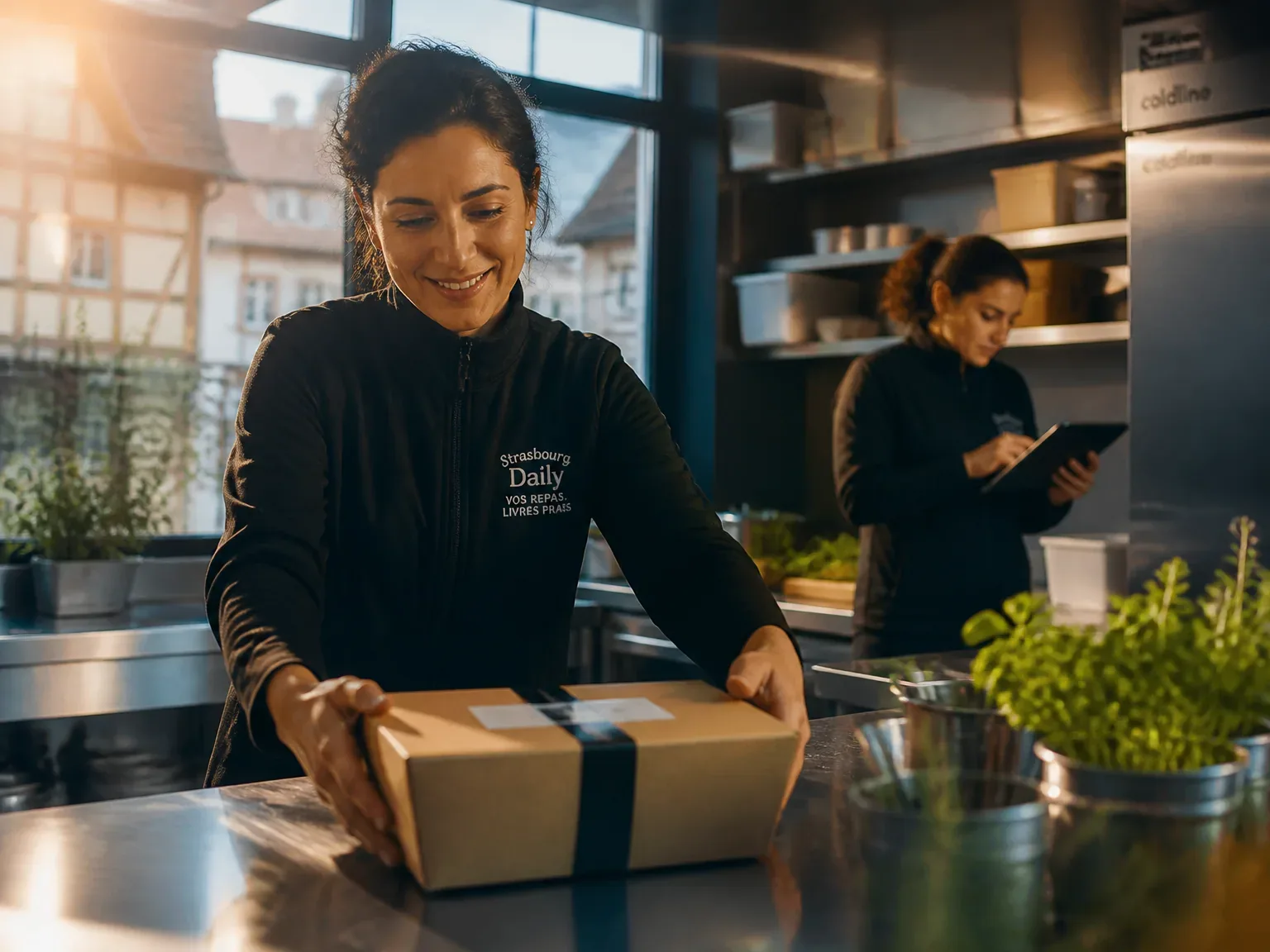 Livraison de plats cuisinés dans une cuisine professionnelle, préparateur souriant