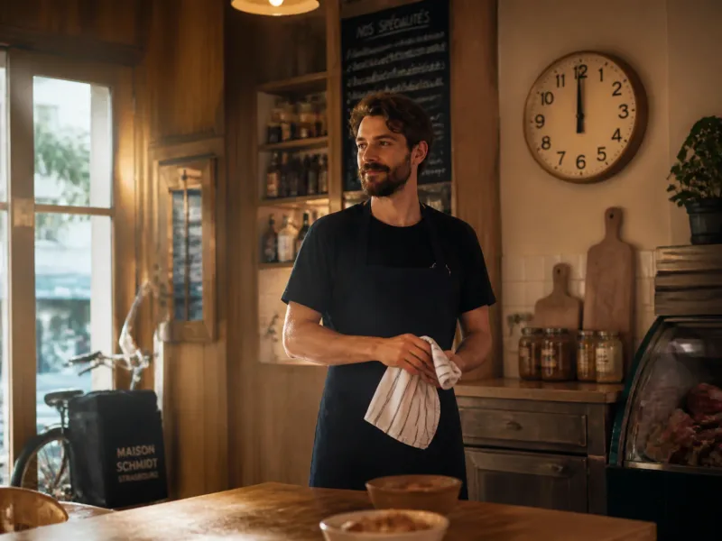 Ambiance d'atelier de livraison de plats cuisinés, intérieur chaleureux