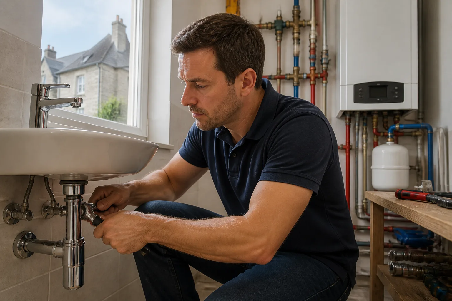 Plombier en action dans un espace domestique