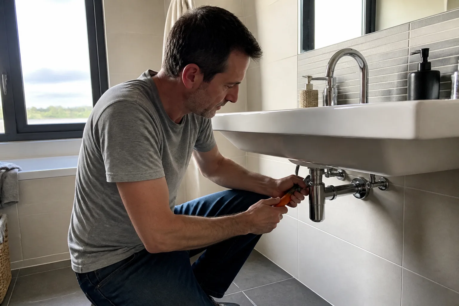 Plombier en action dans une salle de bains française