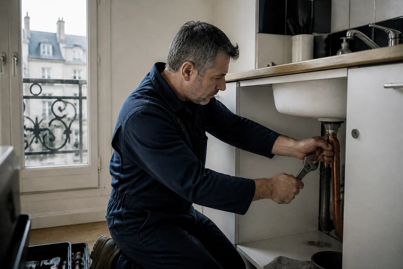 Plombier en action dans une cuisine française.
