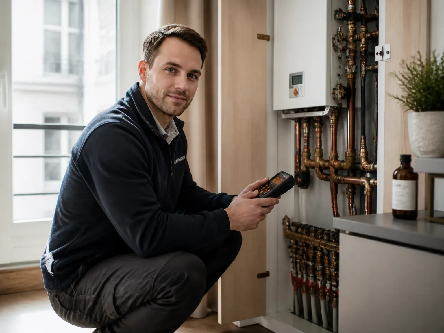 Plombier en action dans une maison, inspection calme et rassurante
