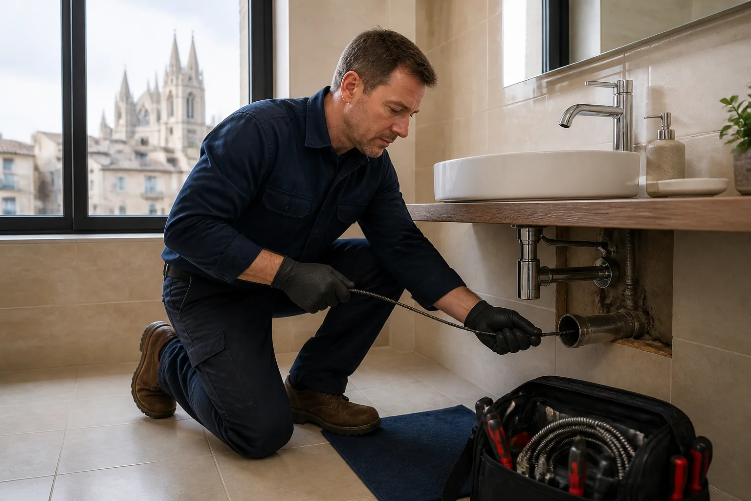 Plombier au travail dans une salle de bains caennaise