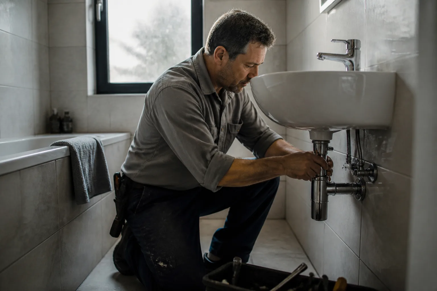 Plombier au travail dans une salle de bains
