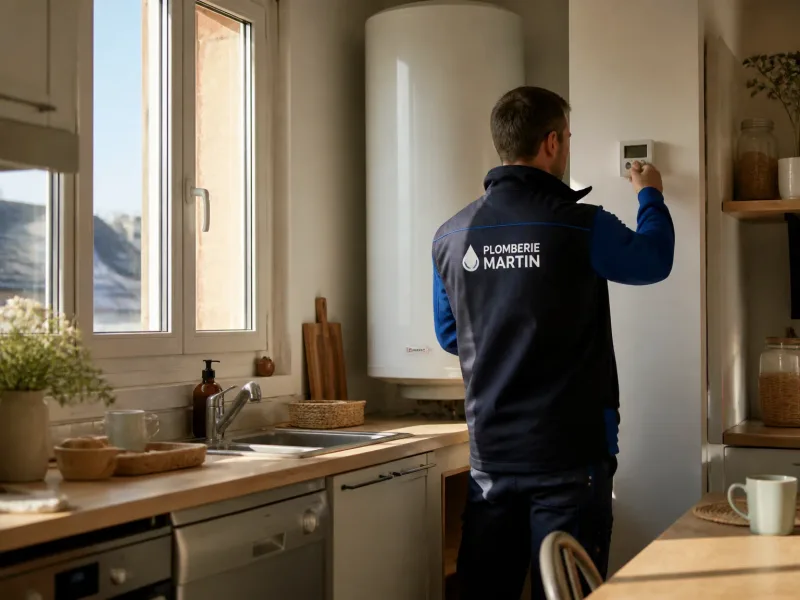 Cuisine lumineuse en Normandie avec technicien plomberie ajustant le thermostat