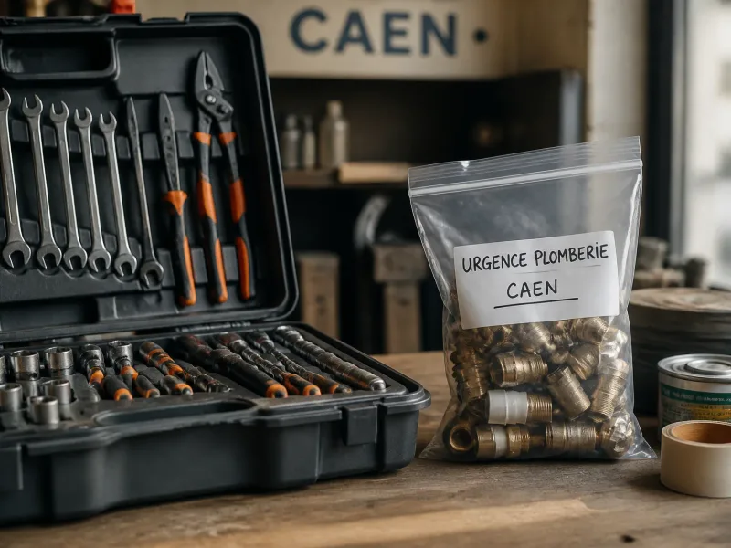 Outillage de plomberie et pièces sur établi, ambiance atelier Caen