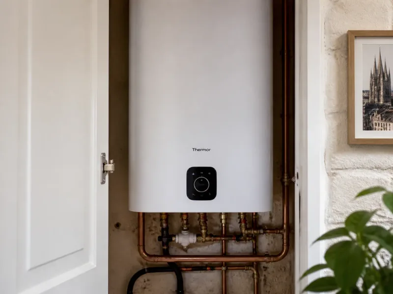 Gros plan sur chauffe-eau moderne installé, plomberie propre et fiable