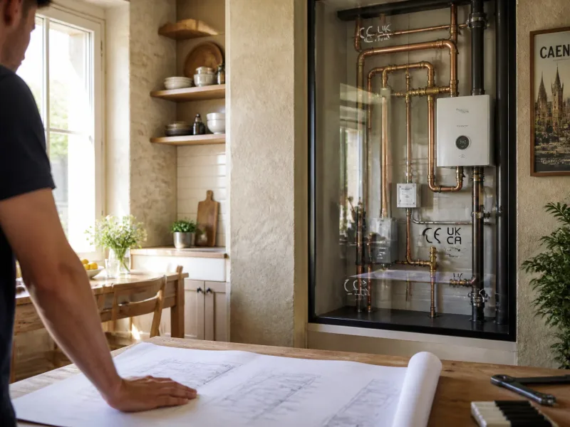 Cuisine moderne avec conduit visible et lumière naturelle chaleureuse