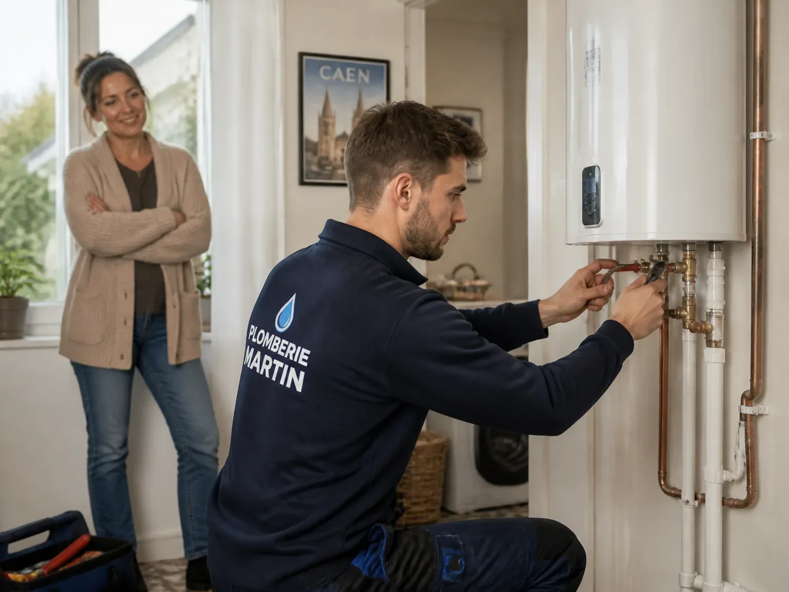 Technicien plomberie posant chauffe-eau dans une maison caennaise, ambiance calme et professionnelle