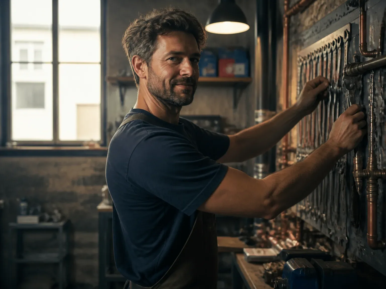 Plombier dans l'atelier, ajustant des outils, ambiance chaleureuse et professionnelle