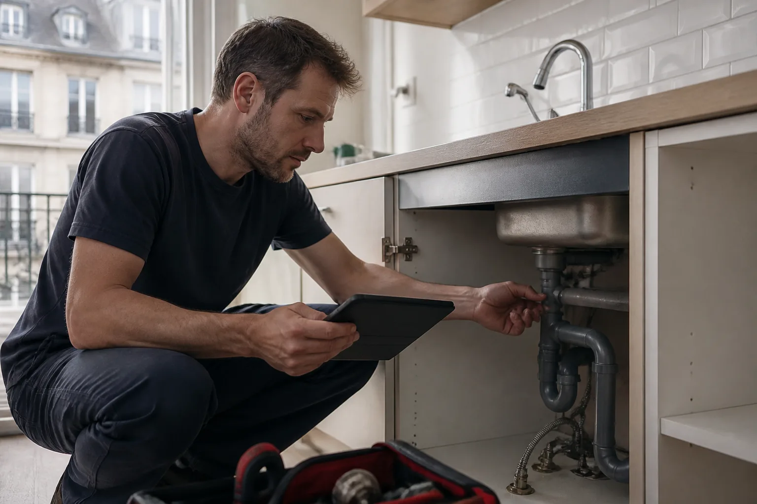 Plombier inspectant une installation sous-évier