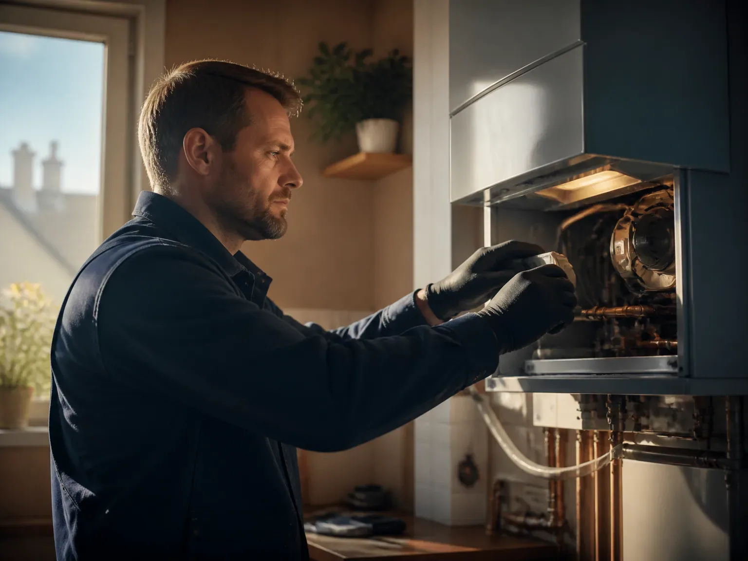 Technicien en train de vérifier une chaudière domestique dans une pièce technique, ambiance calme et professionnelle