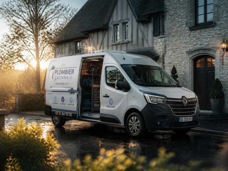 Véhicule de plomberie professionnel devant une maison, ambiance de service fiable