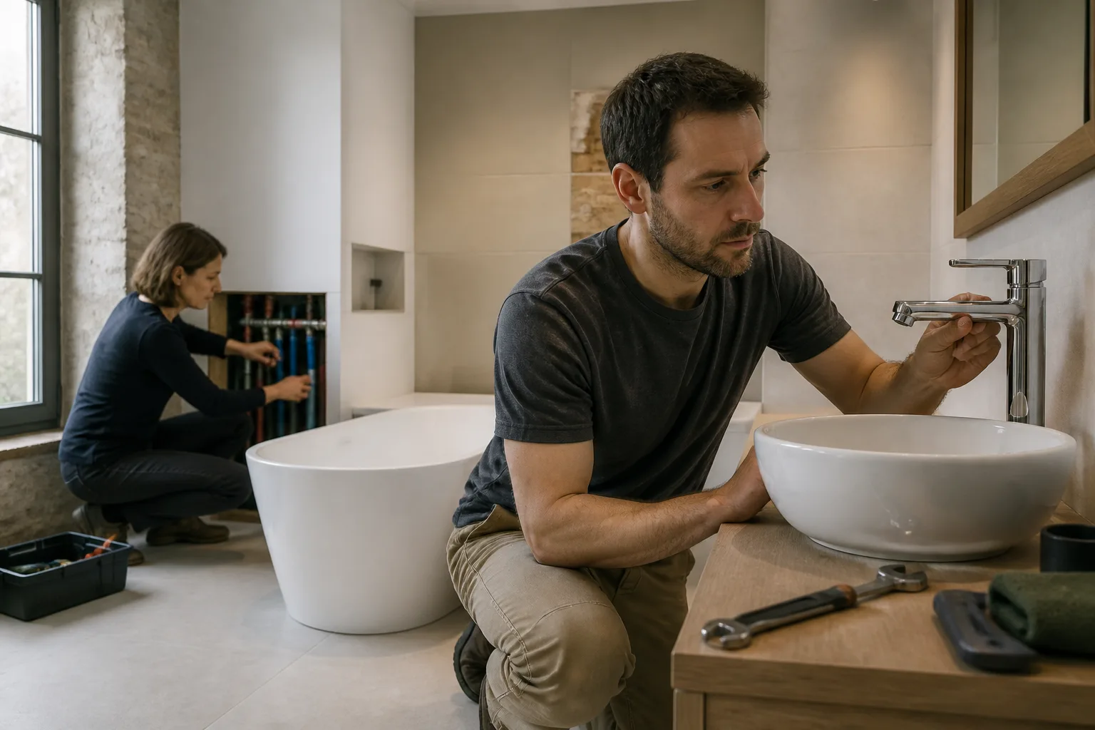 Plombier en action dans une salle de bains