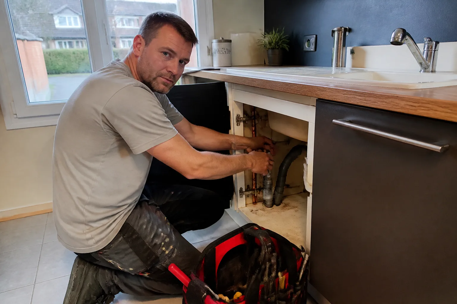 Plo mbier devant un lavabo dans une cuisine calme à Giberville