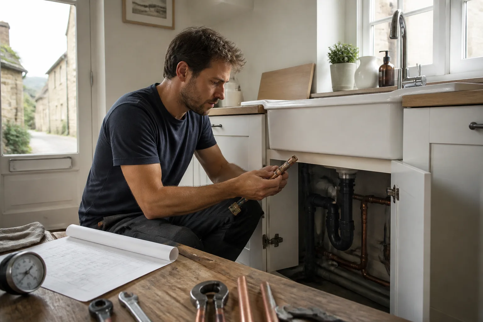 Plombier au travail dans une cuisine française