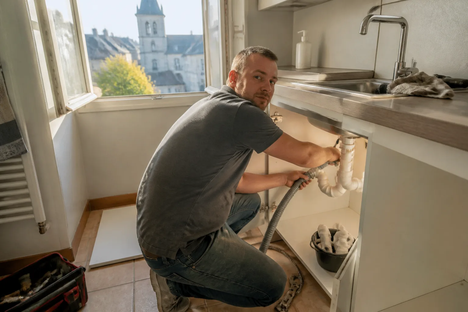 Plombier travaillant sur une canalisation à Mondeville