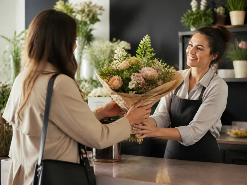 Client recevant bouquet sur mesure, relation chaleureuse et service attentif.
