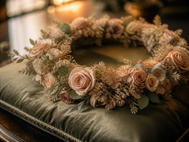Premier plan sur une couronne funéraire artisanale posée sur un coussin en velours