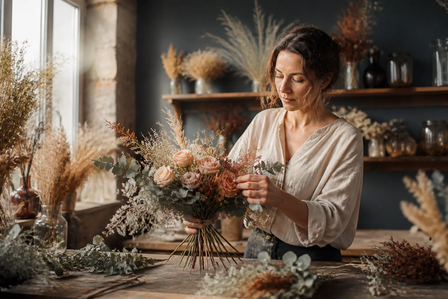 Atelier de fleurs à Caen, bouquet en cours