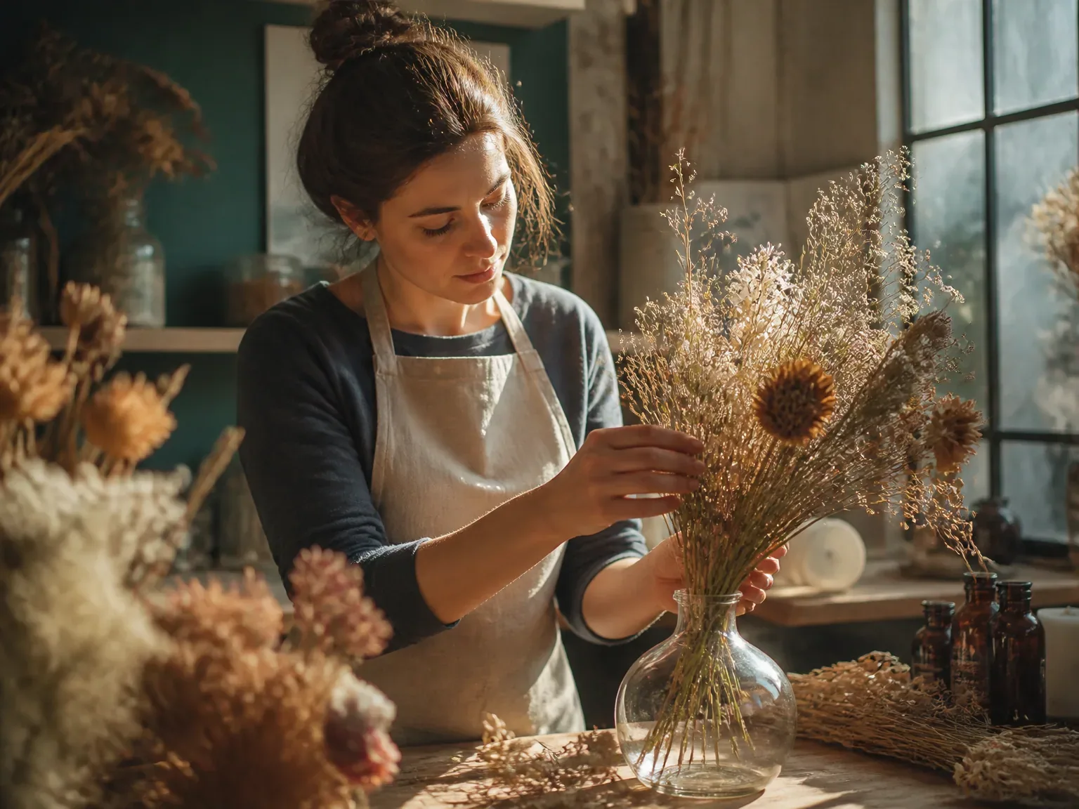 Artisane en atelier, fleurs séchées, lumière naturelle chaude
