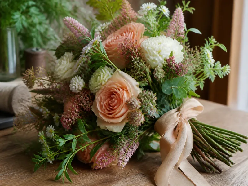 Bouquet saisonnier en gros plan, texture et qualité des fleurs