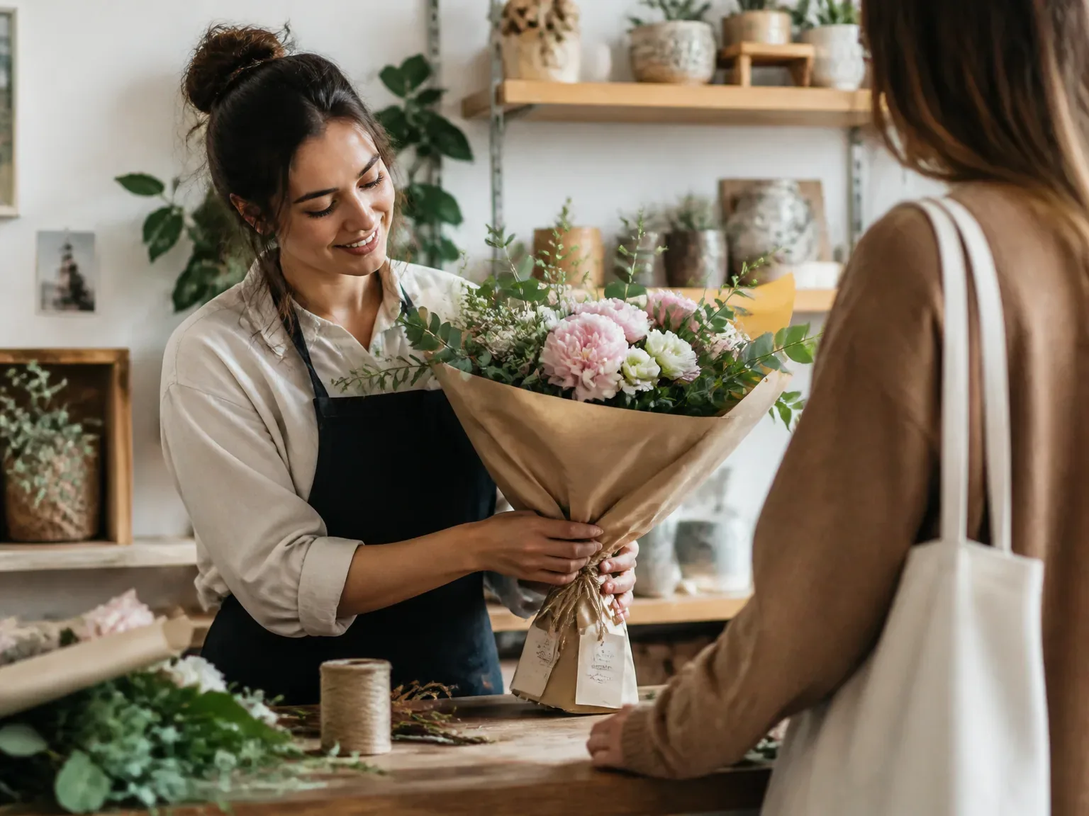 Fleuriste en action, composition florale, ambiance boutique Caen