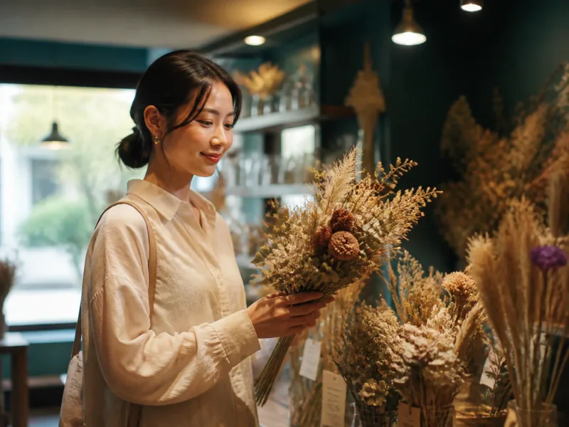 Client choisissant un bouquet, ambiance shop, visuel rassurant