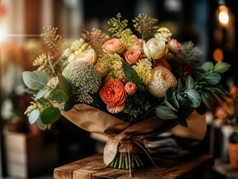 Bouquet soigneusement préparé sur un présentoir en bois, textures riches et emballage craft