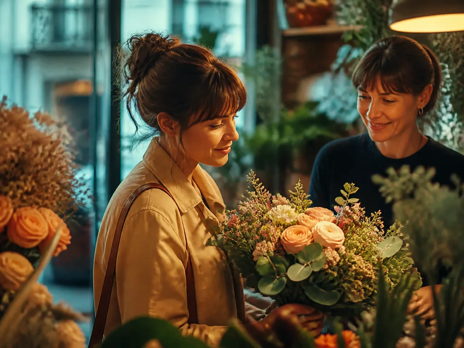 Acheteuse dans une boutique de fleurs guidée par le fleuriste, ambiance chaleureuse et professionnelle