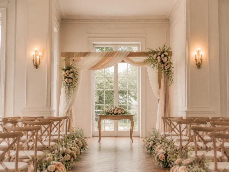 Vue d’ensemble d’un lieu de mariage décoré avec élégance et lumière chaude