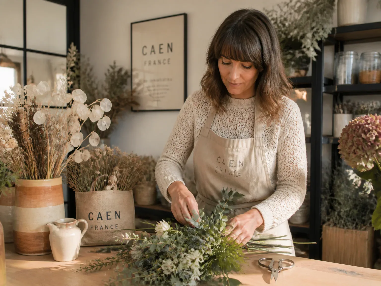 Atelier floral chaleureux à Caen, designer en train de créer une composition