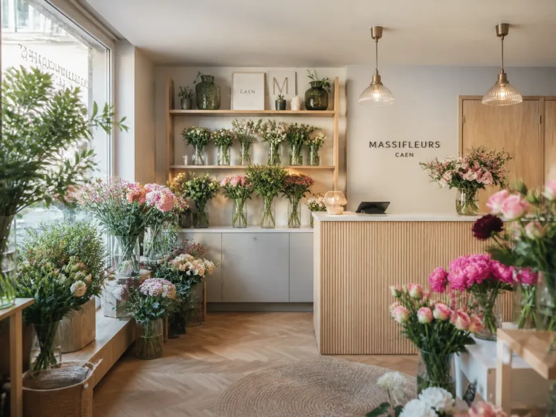 Intérieur boutique de fleurs à Caen, étals soignés et ambiance chaleureuse.