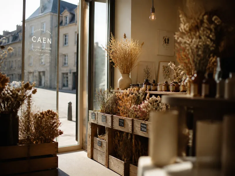 Intérieur boutique Caen, ambiance chaleureuse, affichage naturel des fleurs sèches