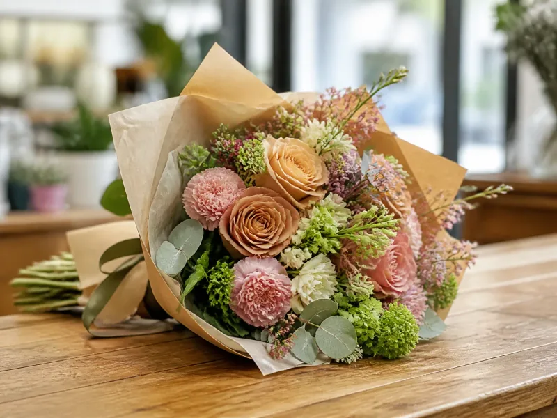 Bouquet sur mesure posé sur le comptoir en bois, mise en valeur des textures.