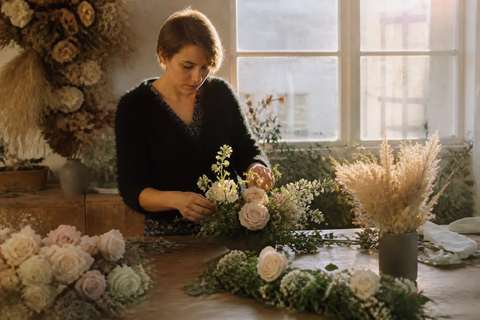 Compositions florales sur plan de travail à Caen