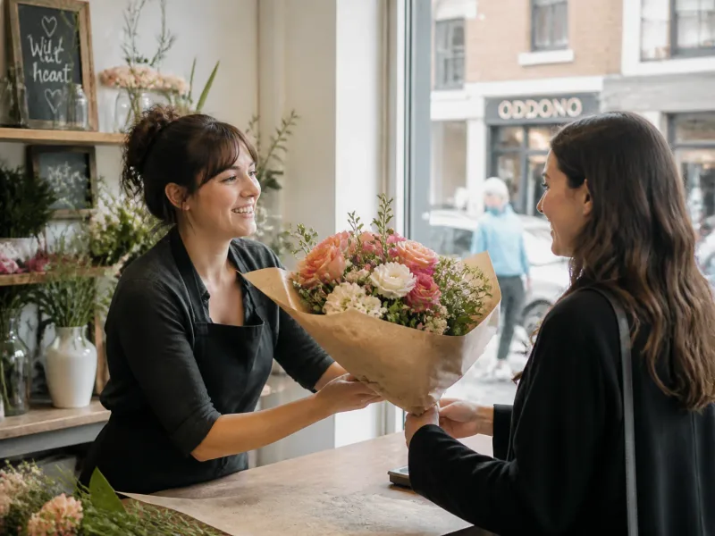 Florisit(e) offrant bouquet au client au comptoir, ambiance conviviale
