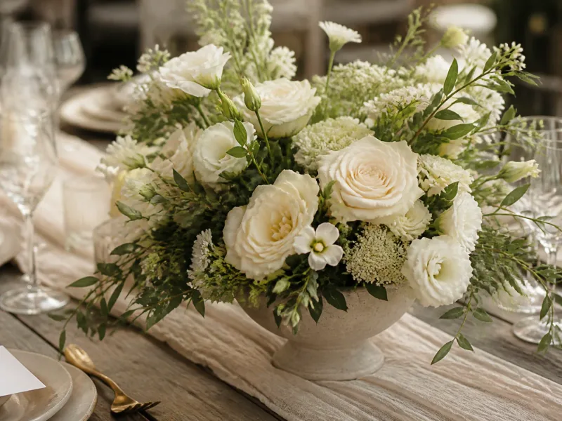 Centre de table nuptial en fleurs ivoire sur bois, texture naturelle