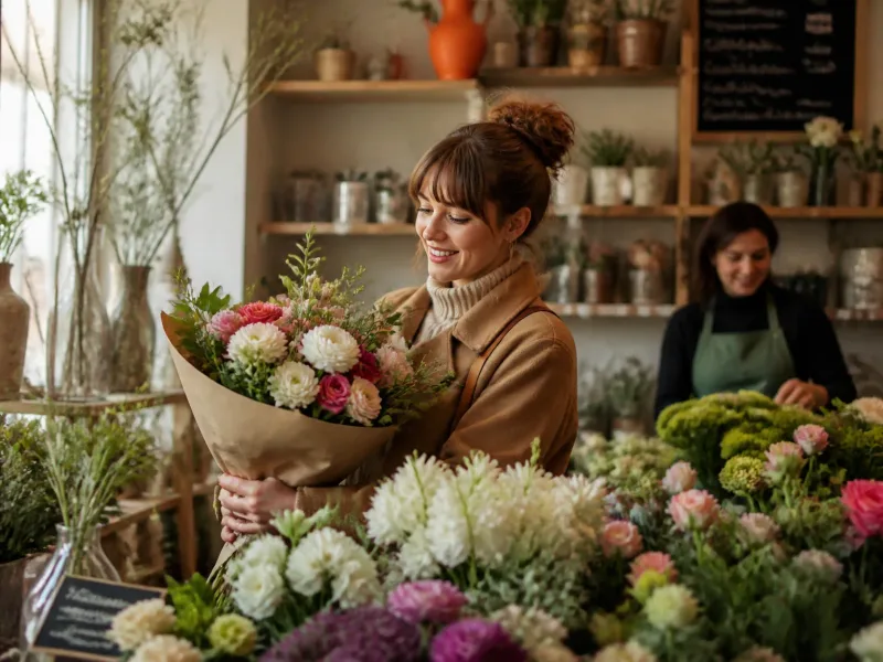 Intérieur boutique fleuriste, ambiance chaleureuse et accueillante