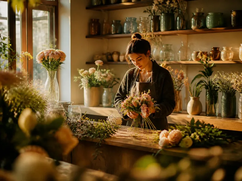 Intérieur lumineux de la boutique de fleurs avec présentoirs et espaces de travail ordonnés