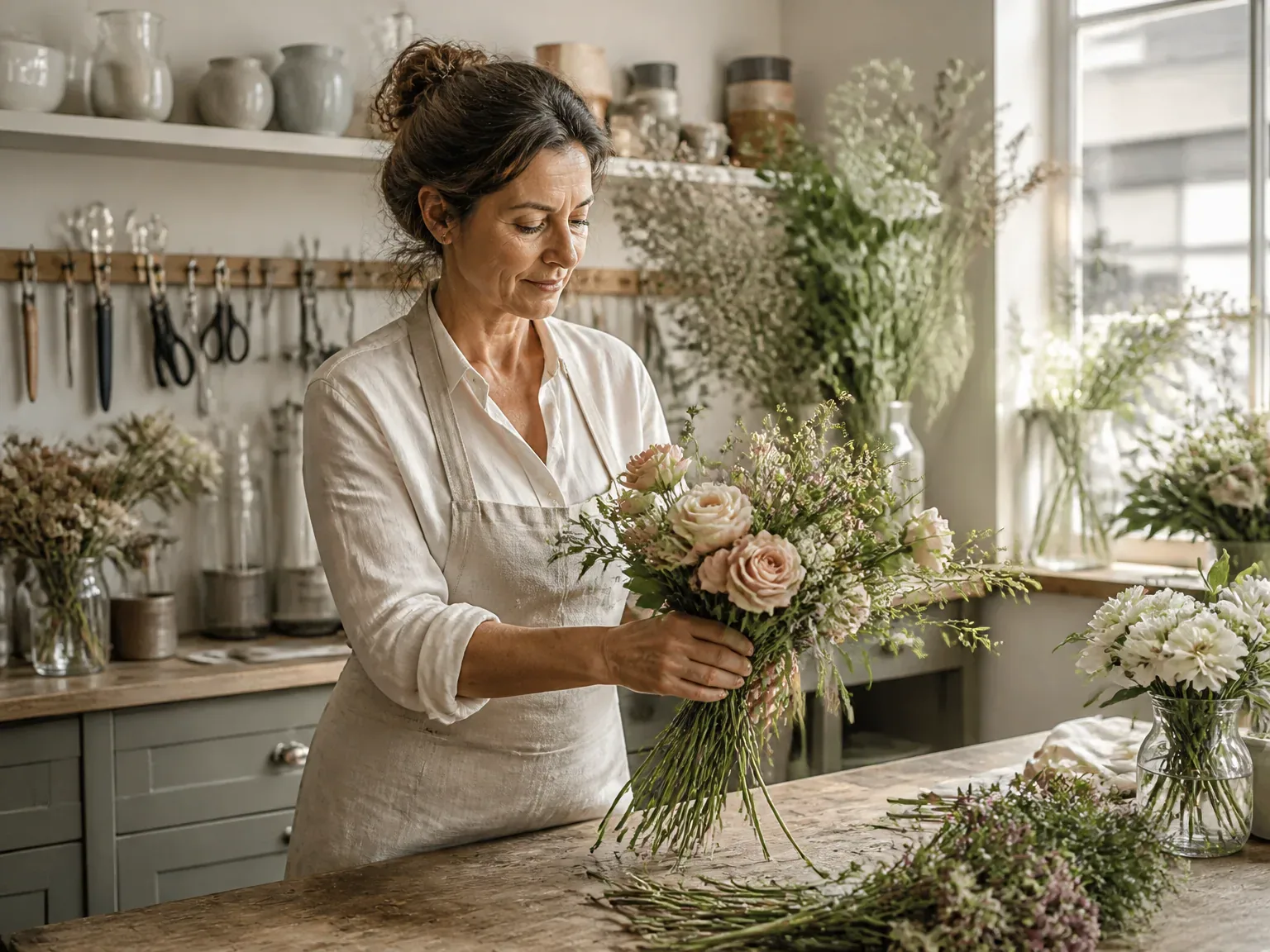 Fleuriste en atelier, création d’un bouquet sur mesure, lumière naturelle.