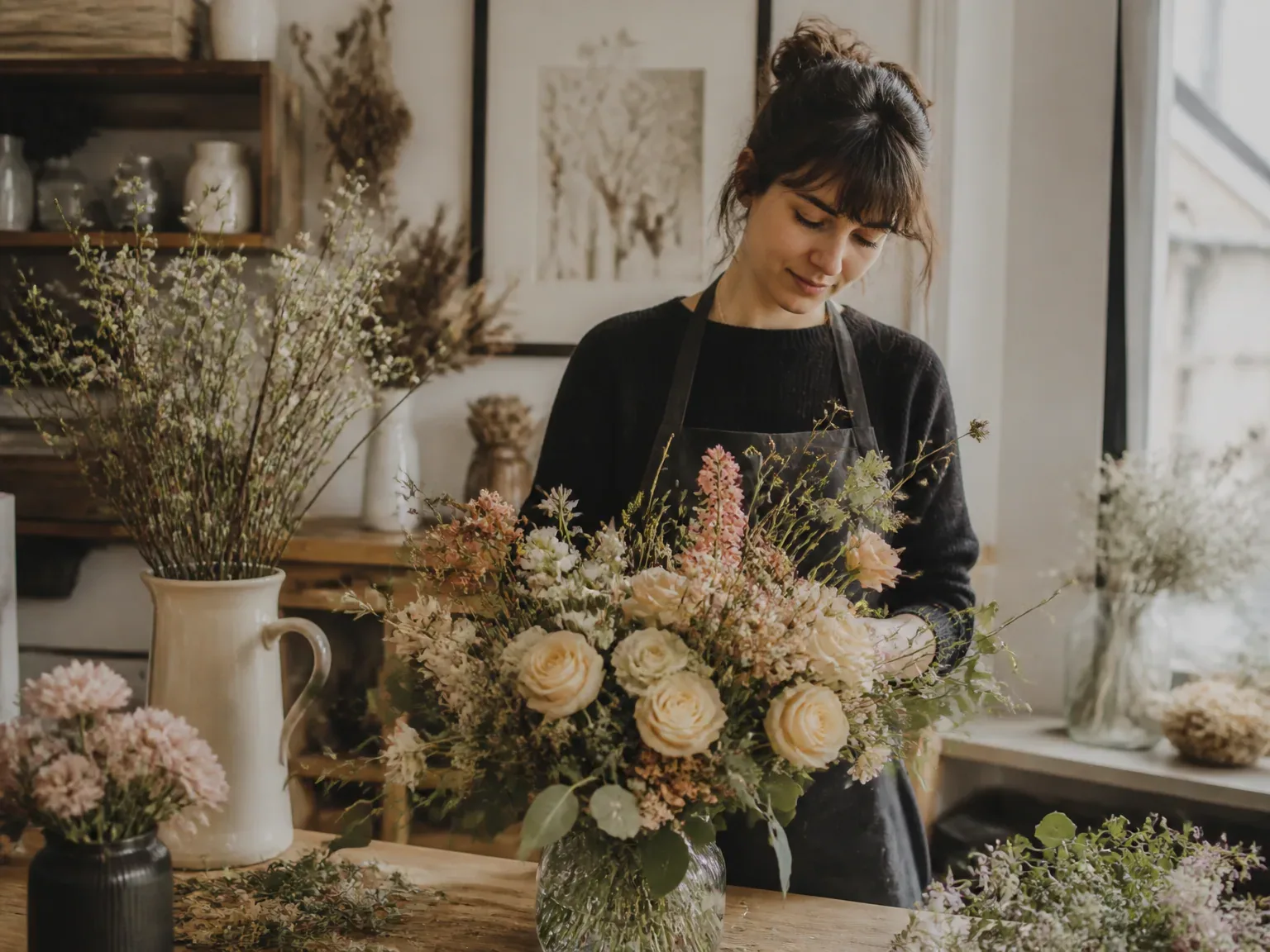 Fleuriste en intérieur travaillant un bouquet, lumière naturelle chaleureuse