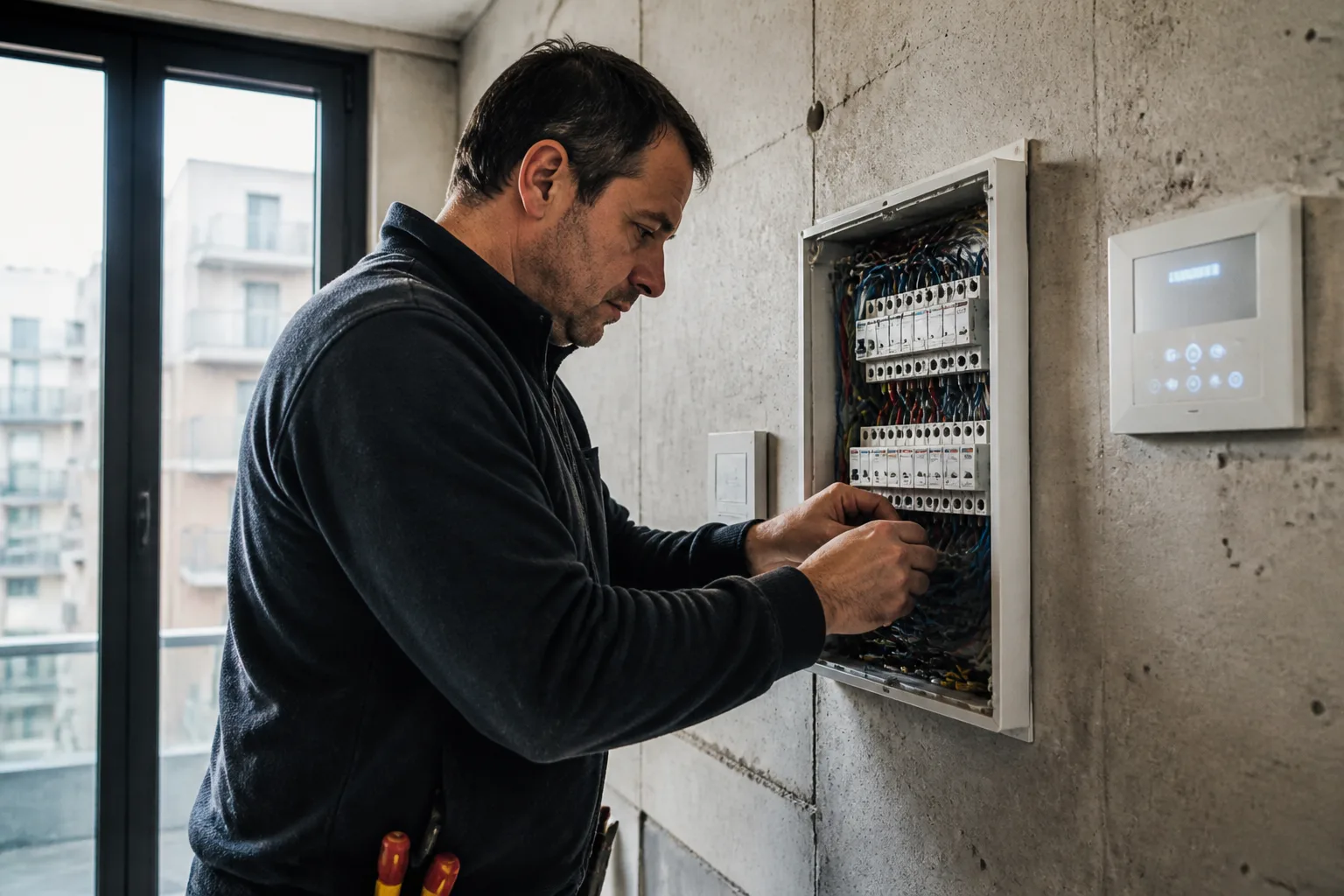 Technicien électrique au travail dans un appartement parisien