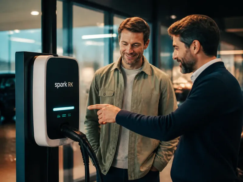 Client heureux et technicien expliquant l’utilisation d’une borne Spark RK