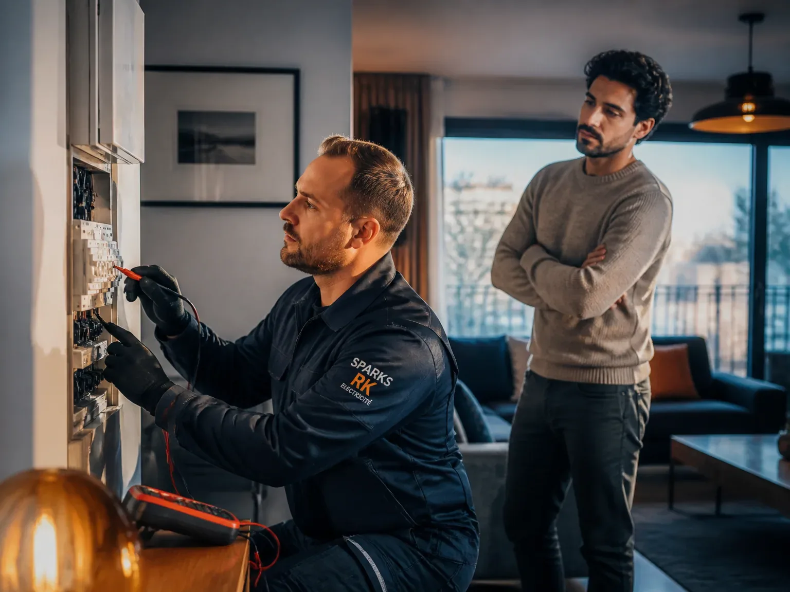 Cliente observe un technicien dépanneur électrique effectuer un diagnostic dans un salon