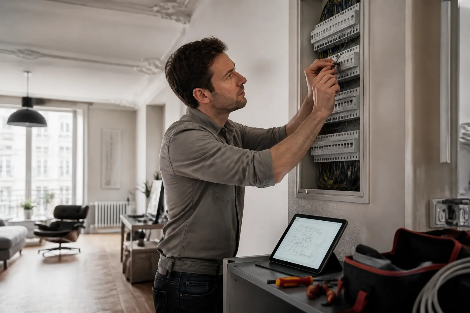 Technicien électricien en intérieur boulognais travaillant sur un tableau