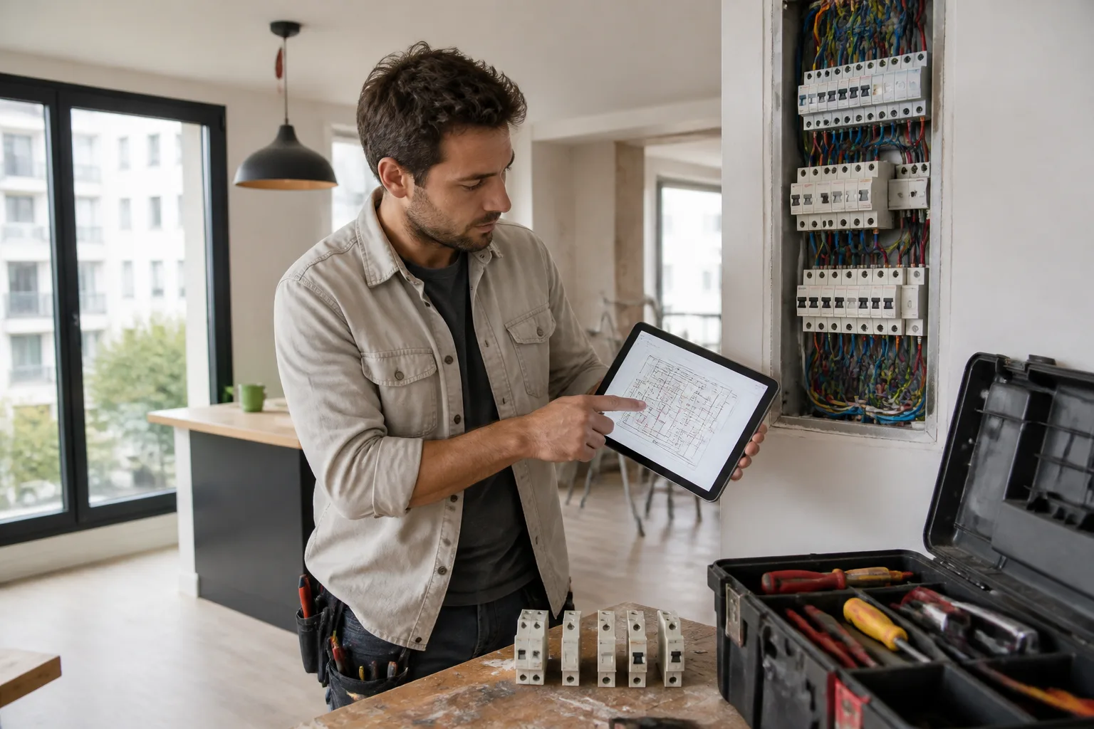 Technicien électrique en intérieur lumineux.