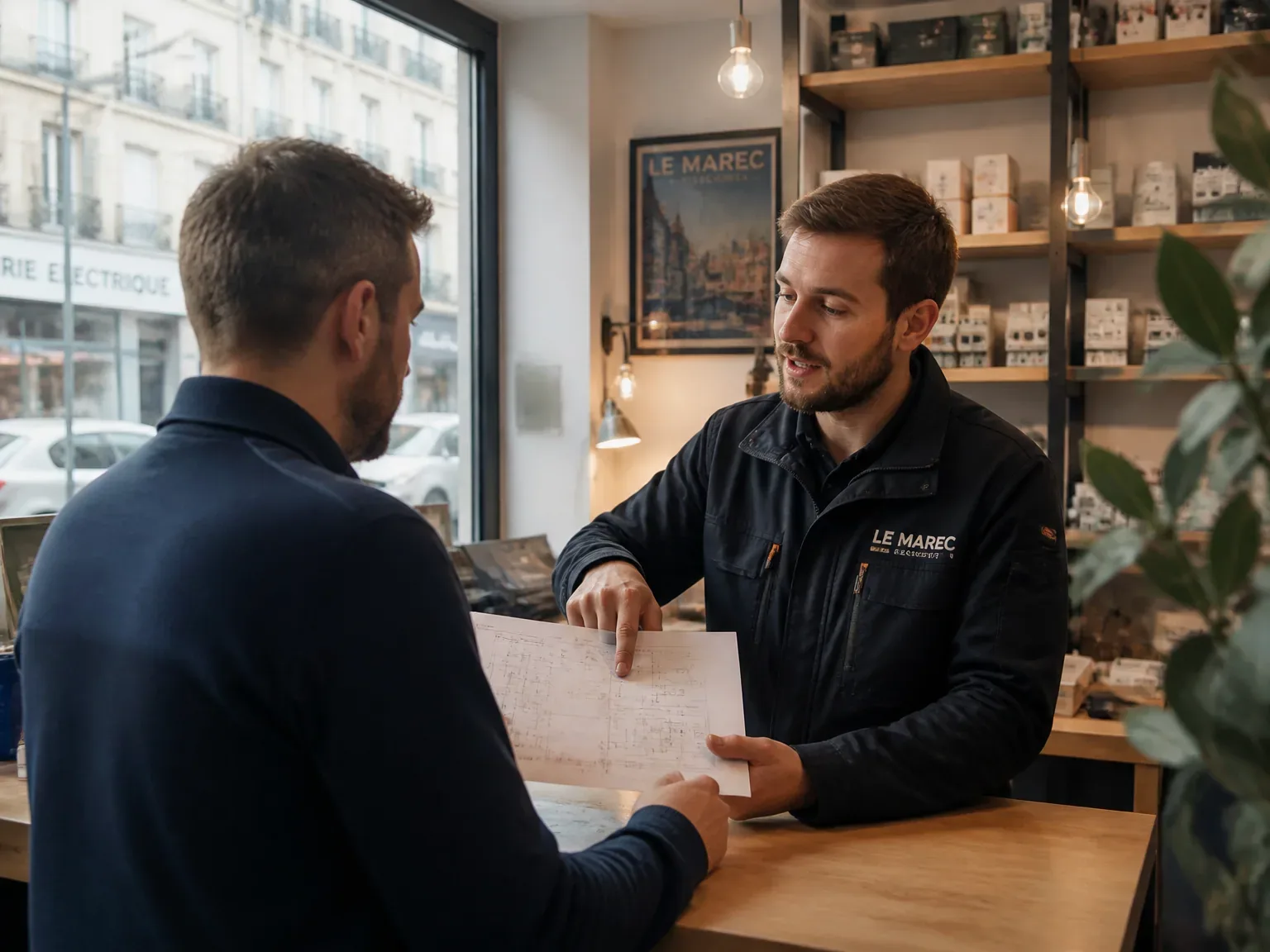 Électricien professionnel en atelier calme, expliquant un schéma au client dans un magasin à Boulogne-Billancourt