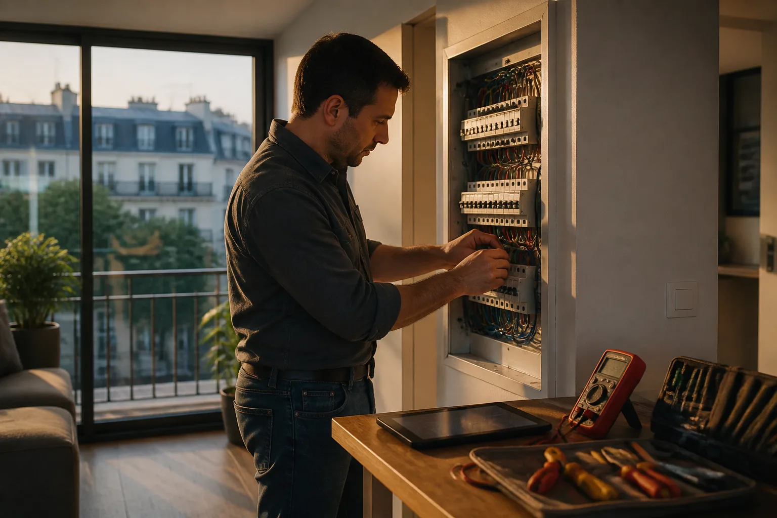 Électricien inspecting un tableau dans un appartement urbain