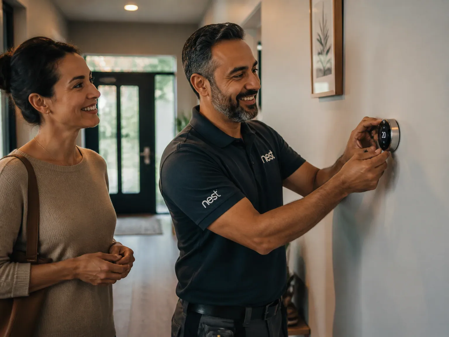 Client découvrant une installation domotique dans son foyer, technicien présent